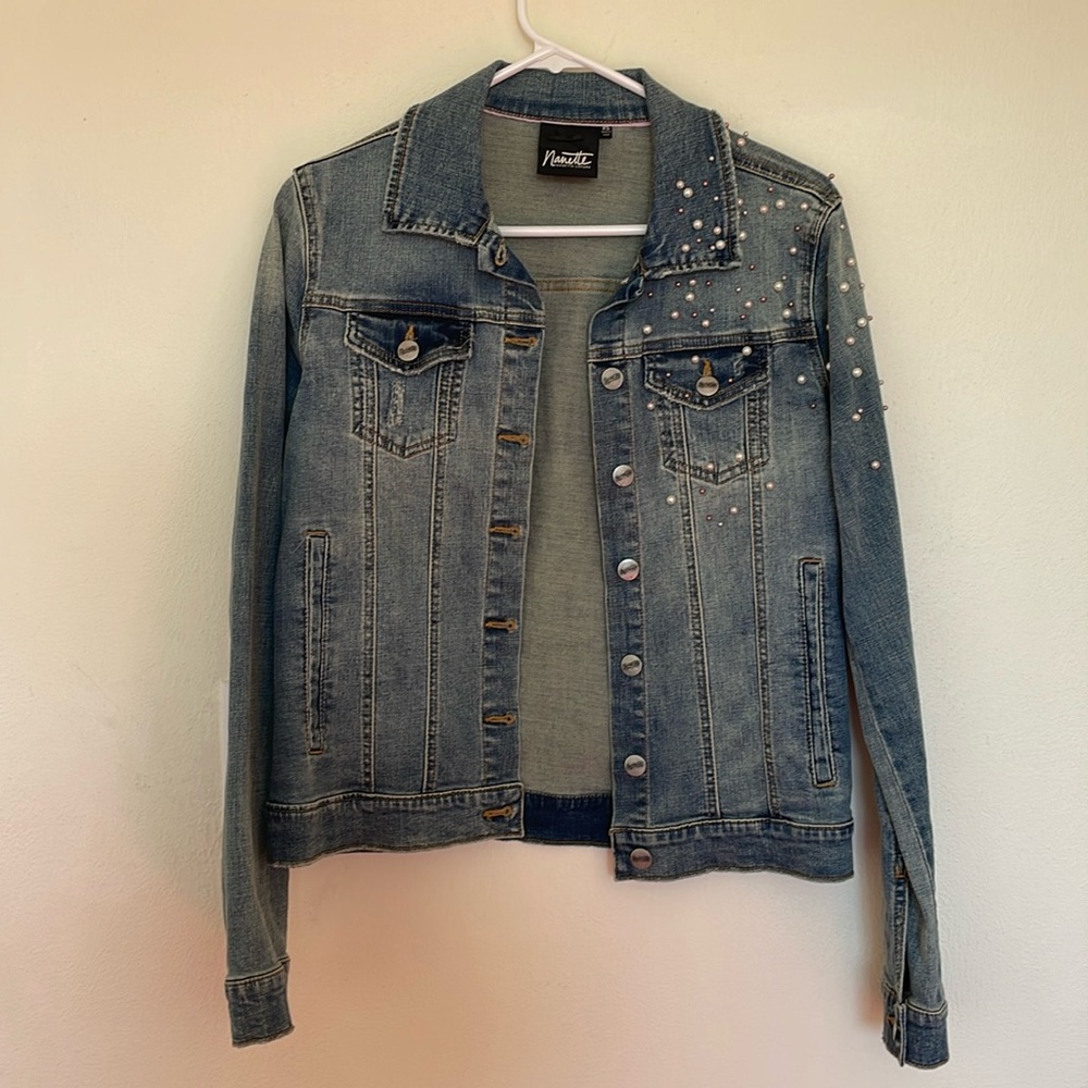 Distressed Jean Jacket with Pearls